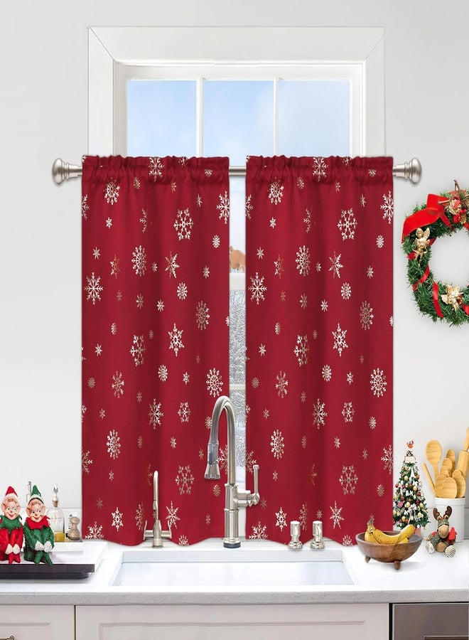FRAMICS Snowflake Foil Print Tier Curtains - 36 Inch Length, Rod Pocket Red Christmas Curtains for Kitchen, 26" W x 36" L, 2 Panels - Image 2